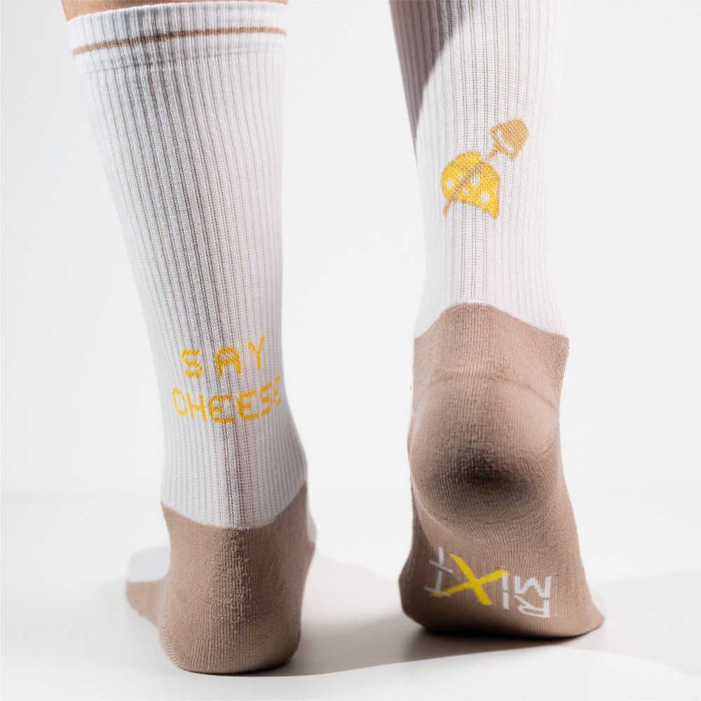 Model wearing cheese socks